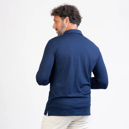 Merino Langarm Poloshirt Herren Rückenansicht von TOM FYFE in Marine 