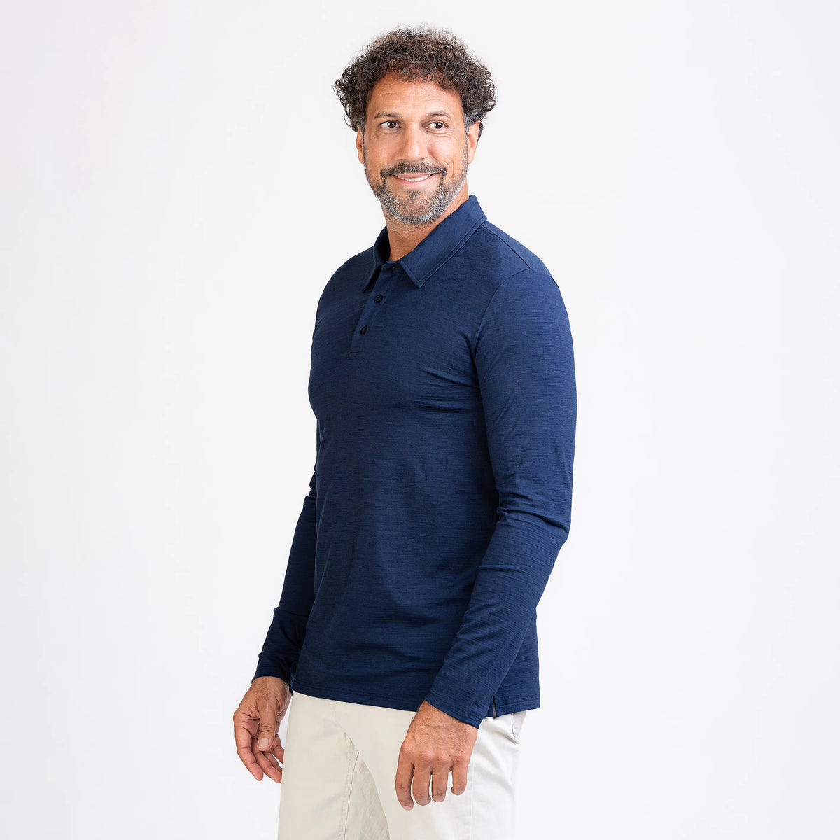 Merino Langarm Poloshirt Herren Seitenansicht von TOM FYFE in Marine 