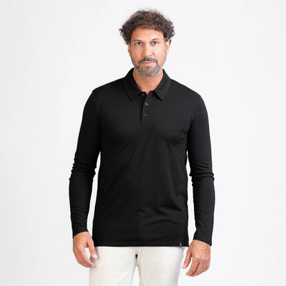 Merino Langarm Poloshirt Herren Frontansicht von TOM FYFE in Schwarz 