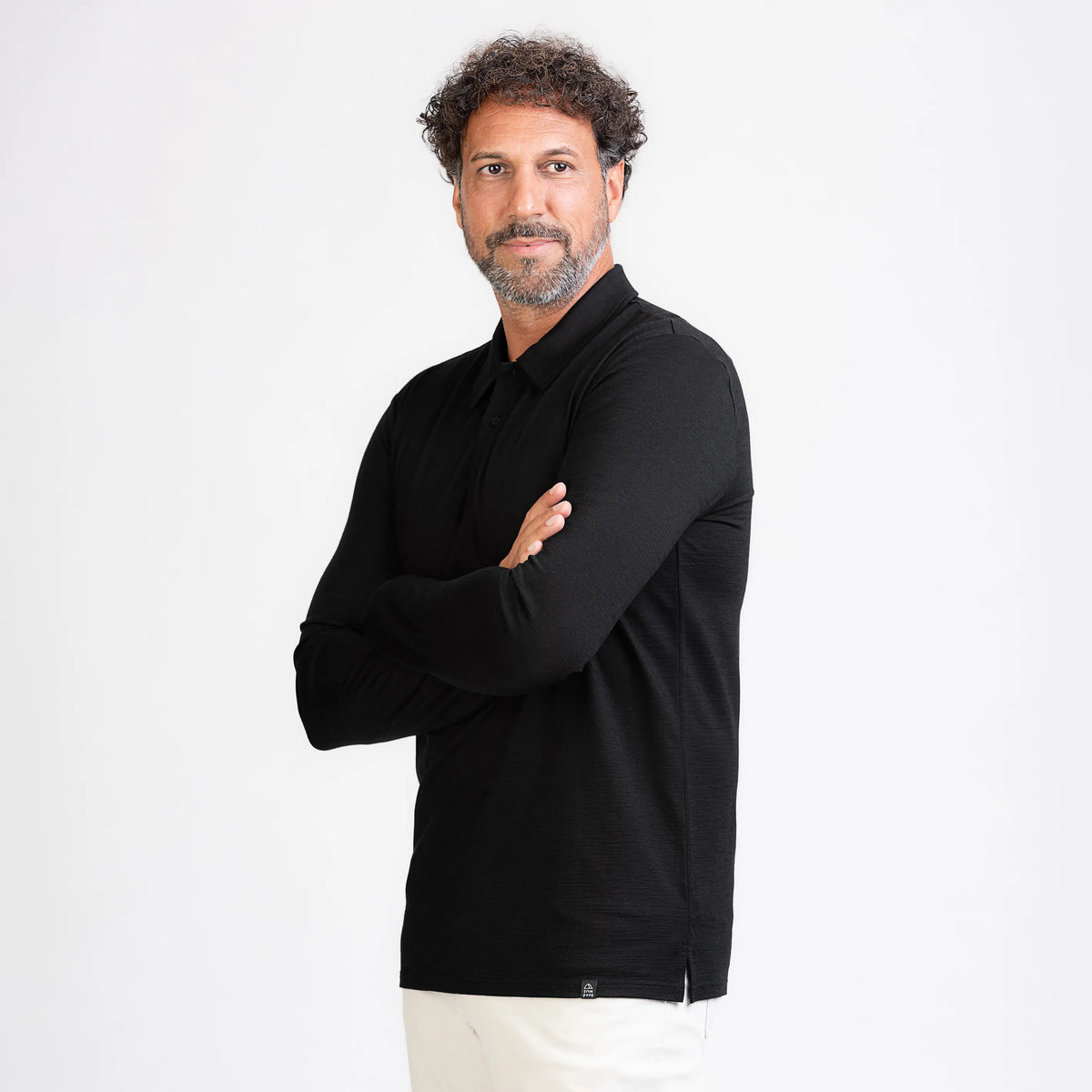 Merino Langarm Poloshirt Herren Seitenansicht von TOM FYFE in Schwarz 