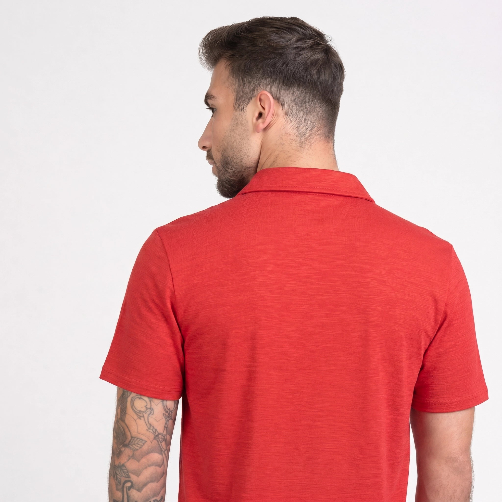 Merino Herren Poloshirt Rückansicht von TOM FYFE in Coral Red 