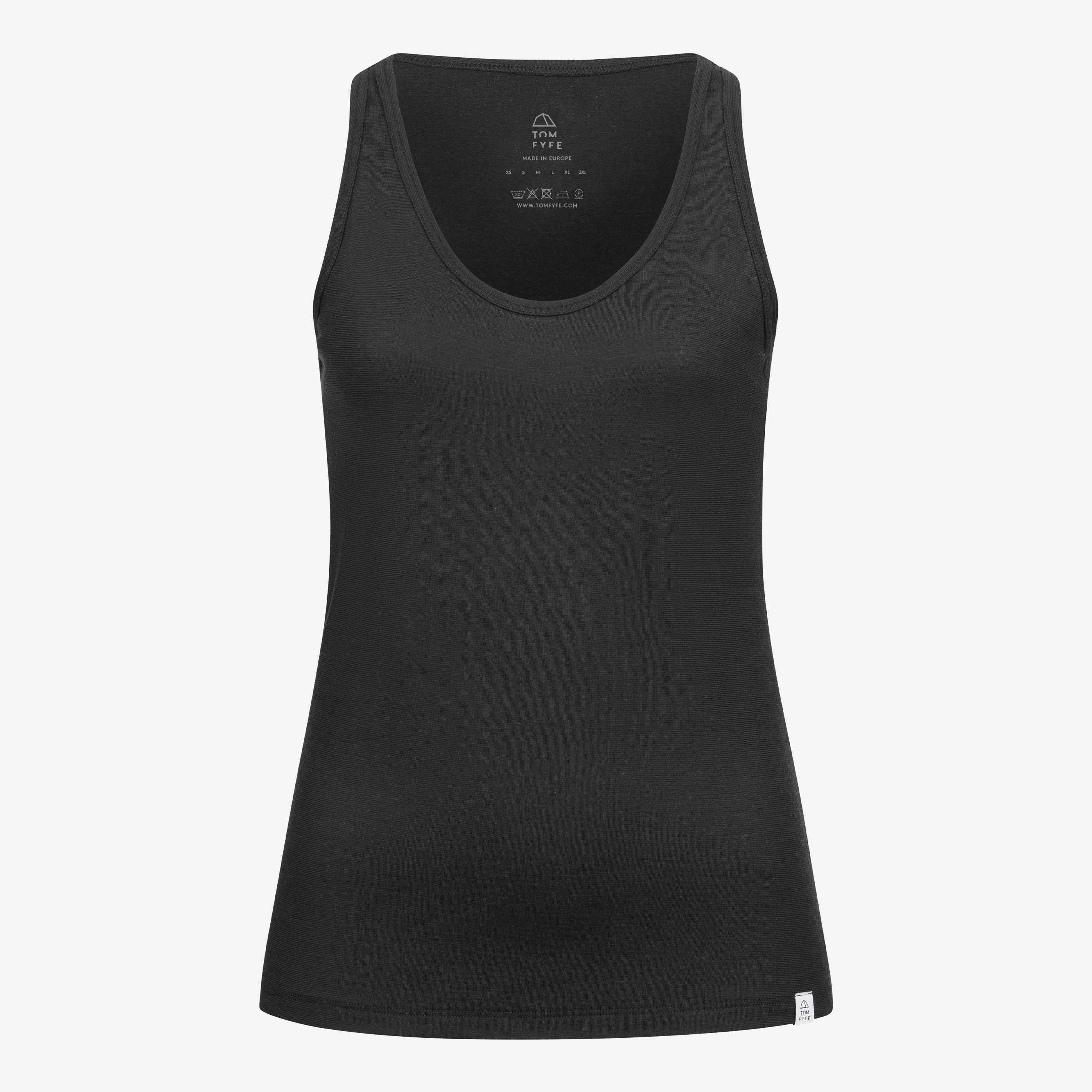 Merino Damen Tank-Top Frontansicht von Tom Fyfe in Schwarz 