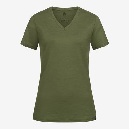 Merino Damen Shirt mit V-Ausschnitt von Tom Fyfe in Wadgrün Frontansicht 